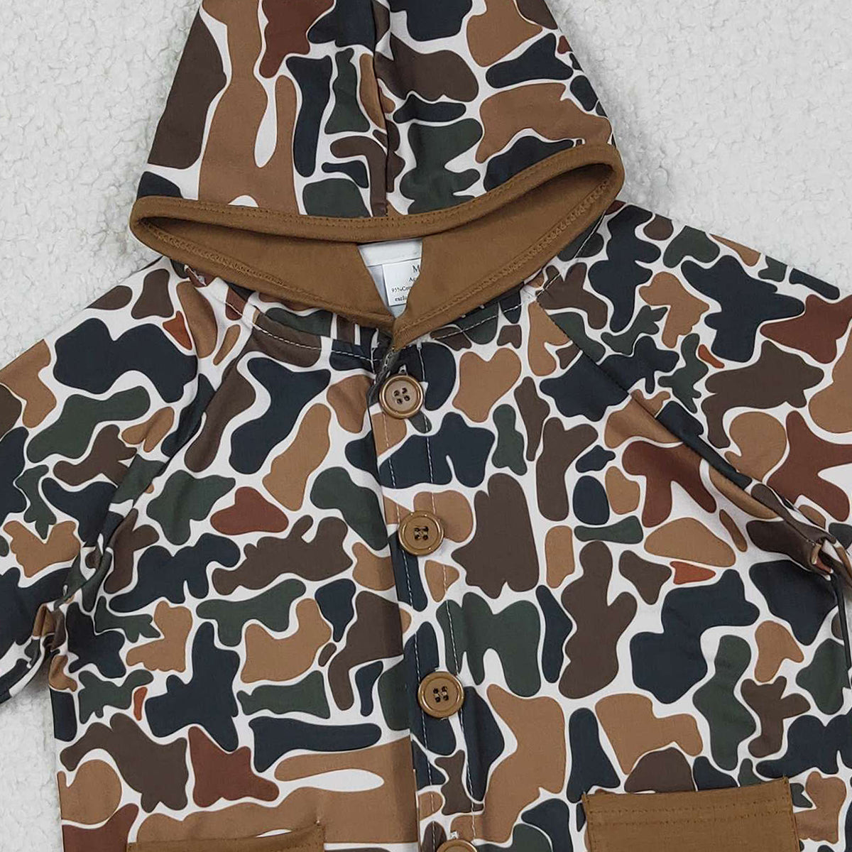 12.12 RTS NO MOQ （In stock）BT1442 Baby Boys Southern Dark Brown Camo Button Pockets Hoodie Jackets Top