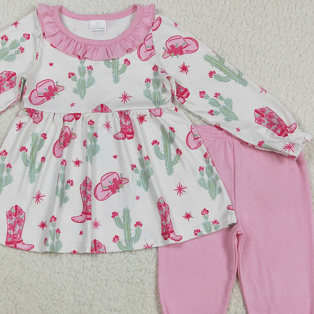 RTS NO MOQ （In stock）GLP2367 Baby Girls Winter Outfits Baby Girls Pink Boots Cactus Tunic Legging Pants Western Set