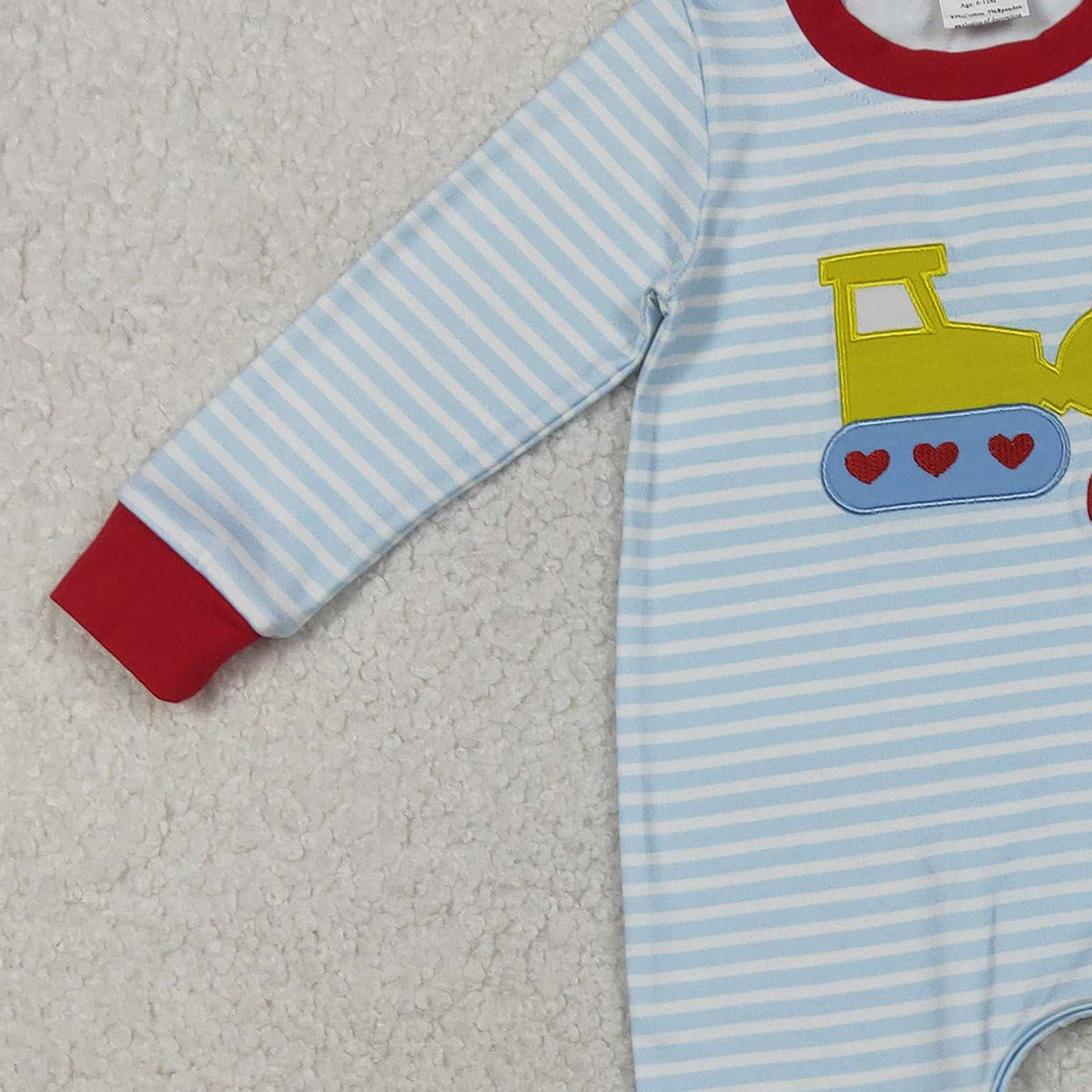 11.24 RTS NO MOQ （In stock）LR2708 Baby Boys Winter Rompers Embroidery Hearts Excavator Baby Boys Blue Stripe Valentines Footie Rompers