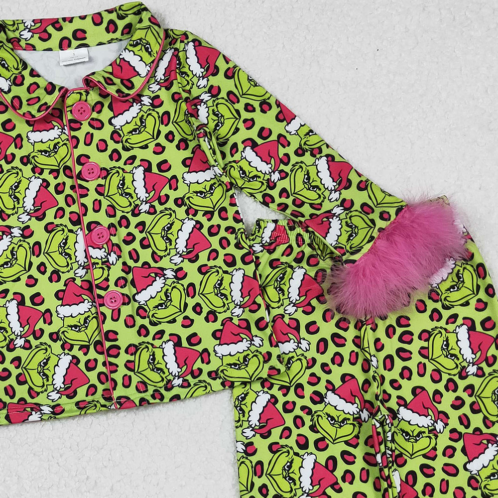 RTS NO MOQ （In stock）GLP2669 Baby Girls Winter Outfits Leopard Green Face Fur Christmas Pajamas Button down Comfortable Sleepwear