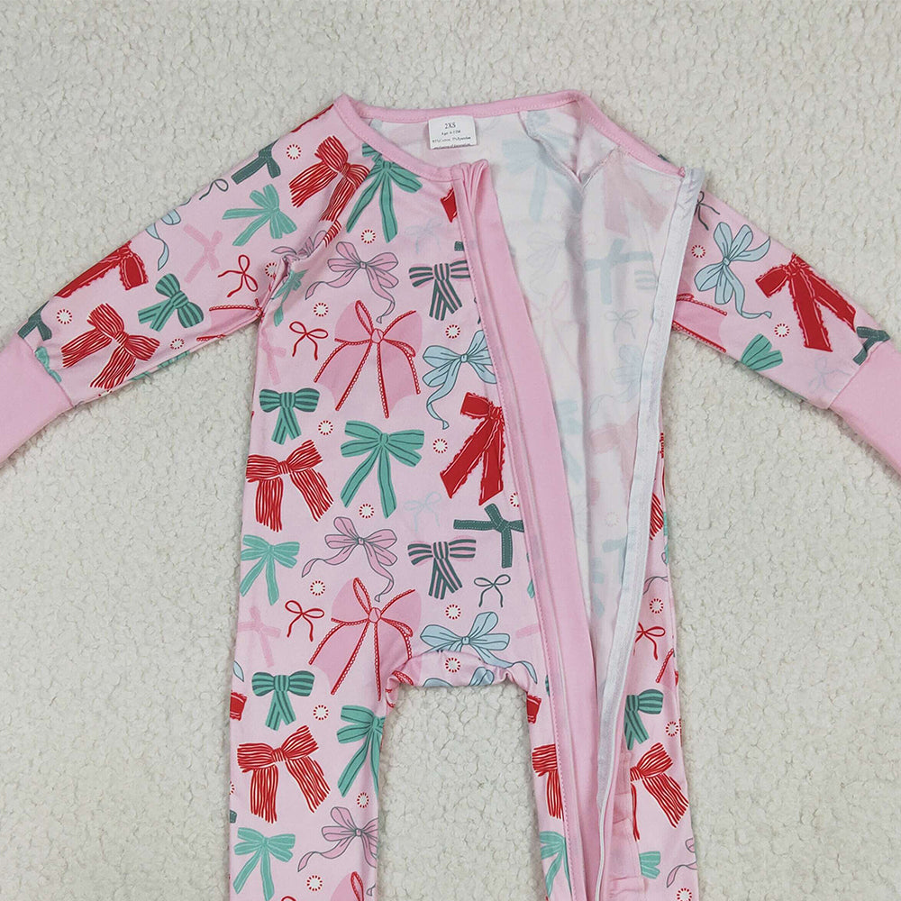LR2266 RTS NO MOQ Baby Girls Winter Rompers Baby Girls Pink Long Sleeves Colorful Bows Zipper Rompers