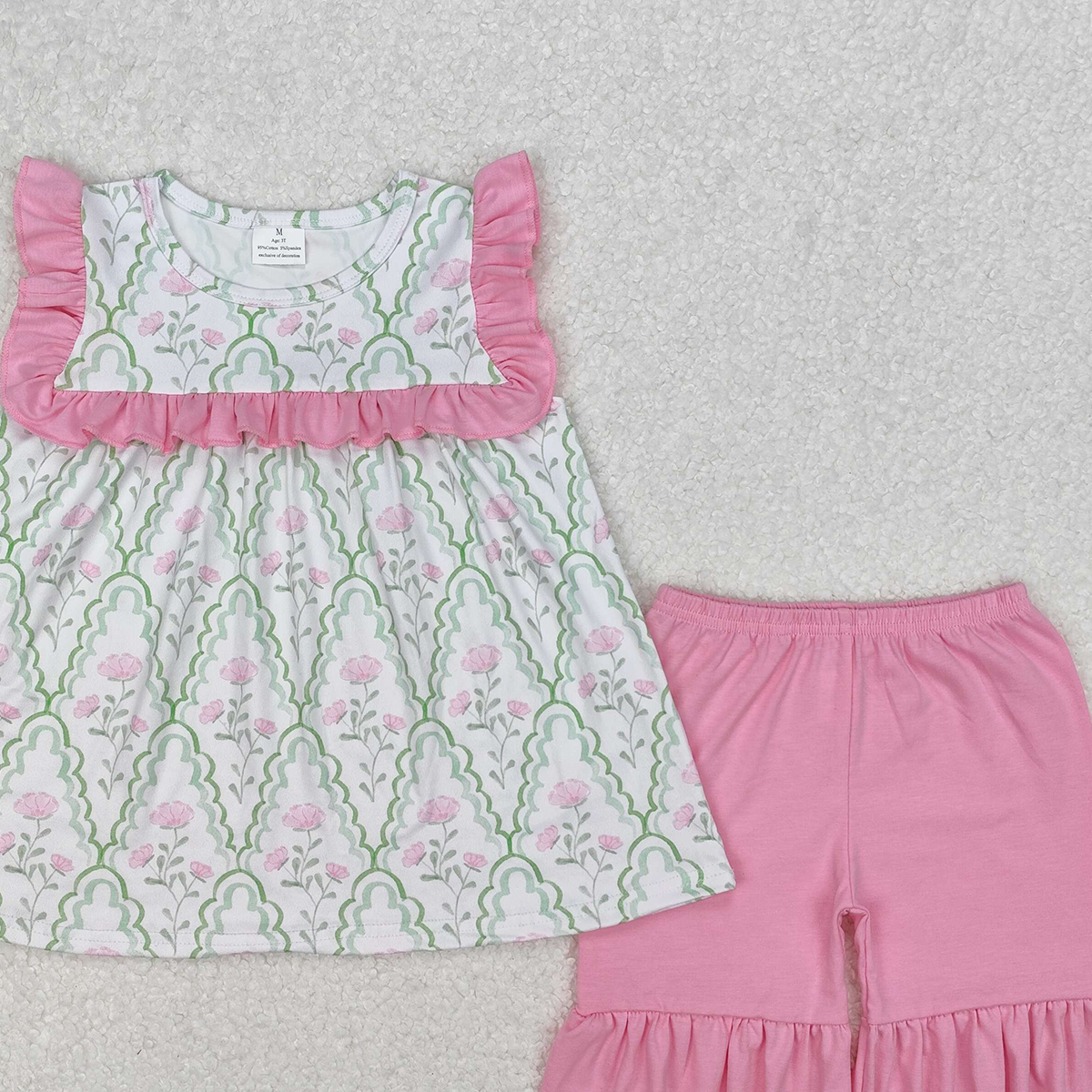 GSSO2013RTS NO MOQ Baby Girls Summer Outfits Girls Ruffle Green Pink Floral Tunic Short Set Summer Outfit Cute Floral Print Top And Shorts Combo for Little Girls