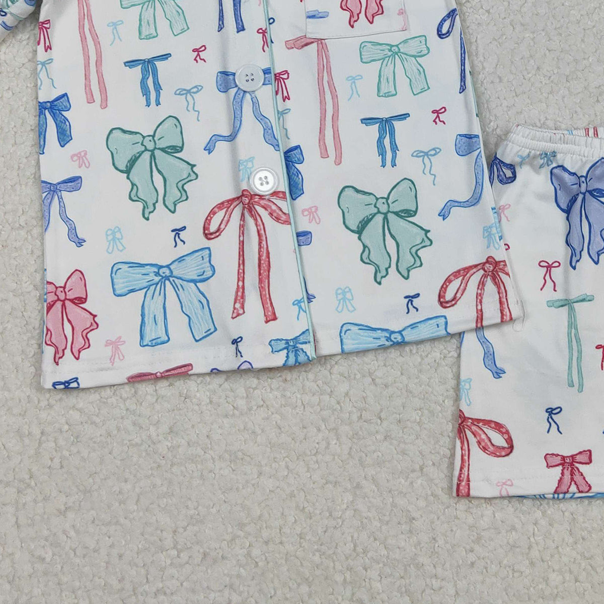 11.8 RTS NO MOQ （In stock）GSSO2217 Baby Girls Colorful Bows Buttons Shirts Top Shorts Pajamas Sets