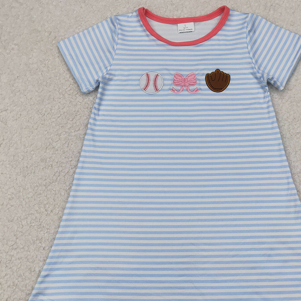 5.20 GSD2220 RTS NO MOQ Baby Girls Summer Dress Embroidery Baby Girls Light Blue Stripe Short Sleeves Bows Baseball Knee Length Dresses