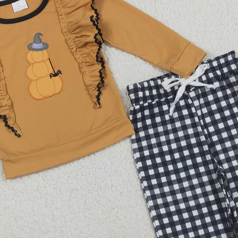 RTS NO MOQ （In stock）GLP2445 Baby Girls Winter Outfits Embroidery Hat Pumpkins Baby Girls Ruffle Shirt Black Plaid Pant Halloween Set