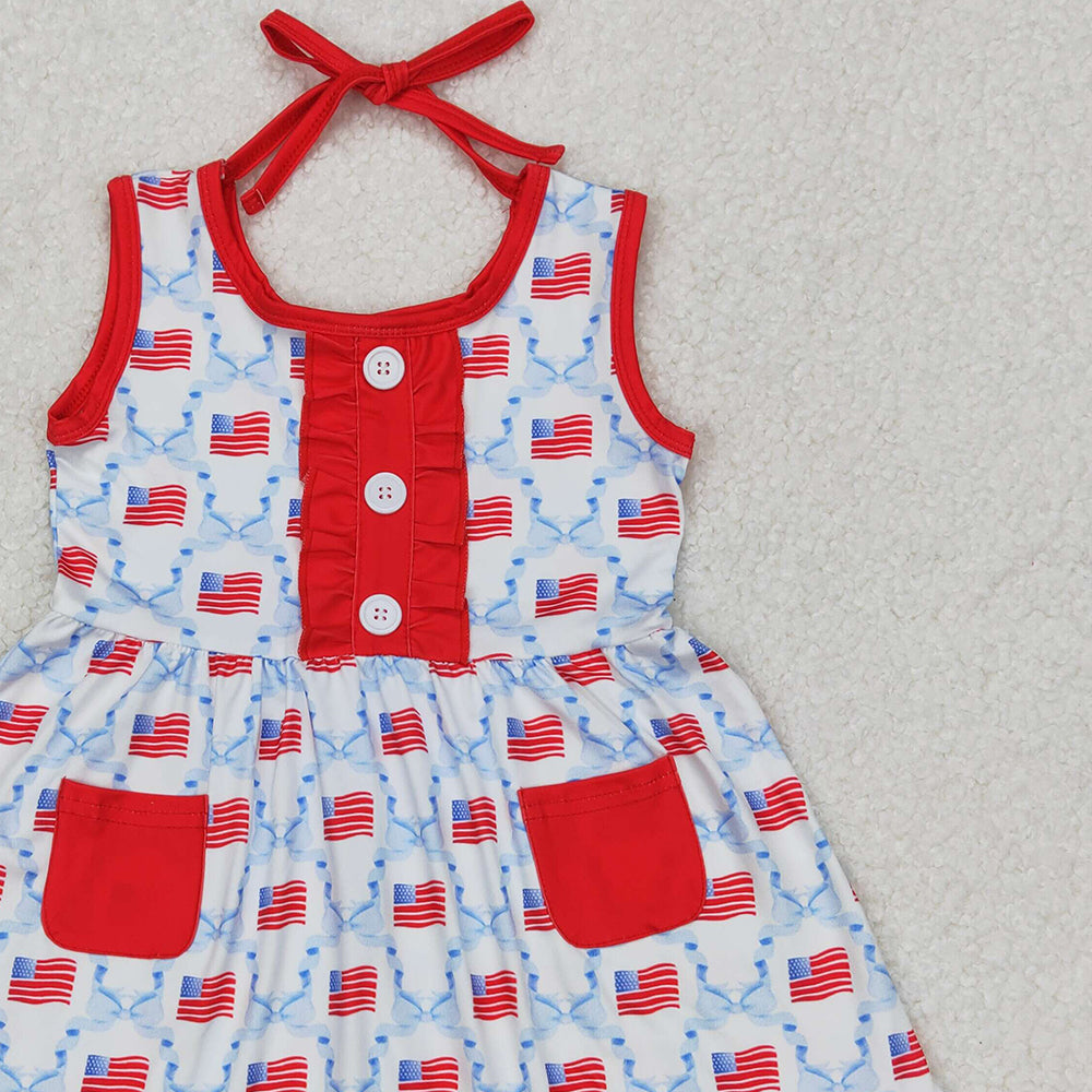 GSD1625 RTS NO MOQ Sleeveless bow flag baby girls 4th of july dresses