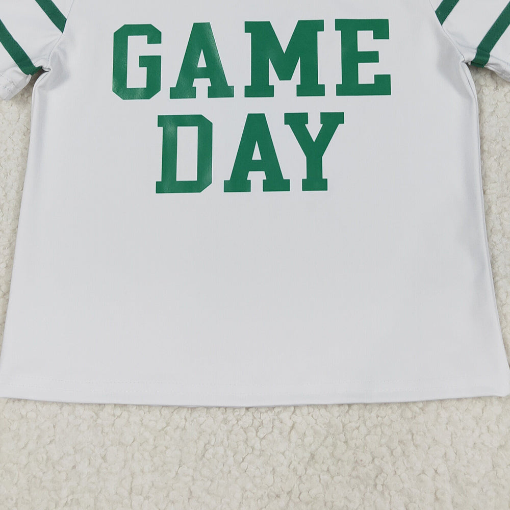 RTS NO MOQ （In stock）GT1103+GLK0126 Baby Girls Summer Outfits Baby Girls Green Game Day Yoga Avtive Team Tee Shirts Top Baby Girls Green Yoga Skorts Pleated Skirts Bottom Sets