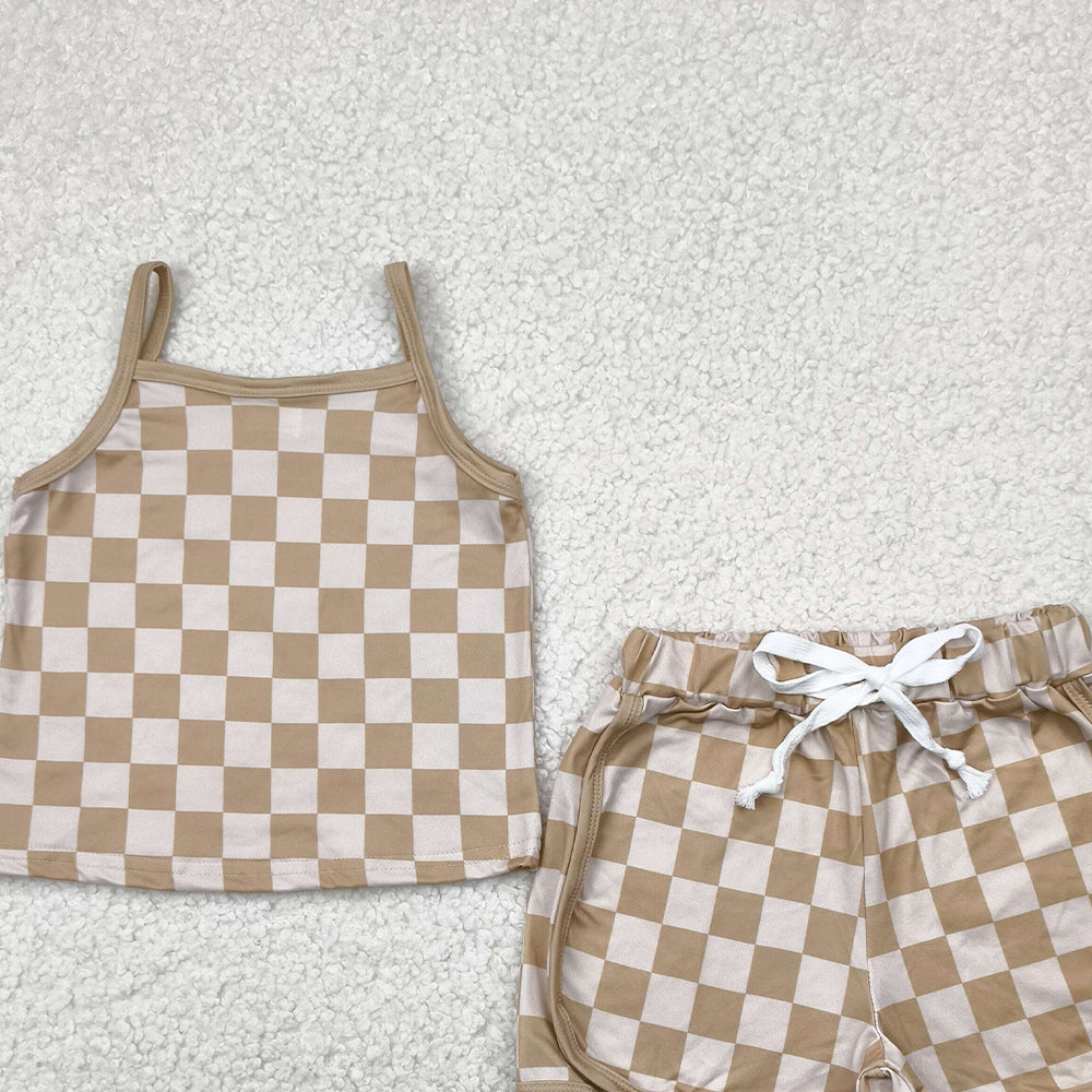 6.20 GSSO2335RTS NO MOQ Baby Girls Summer Outfits baby girls clothes plaid sleeveless shorts set