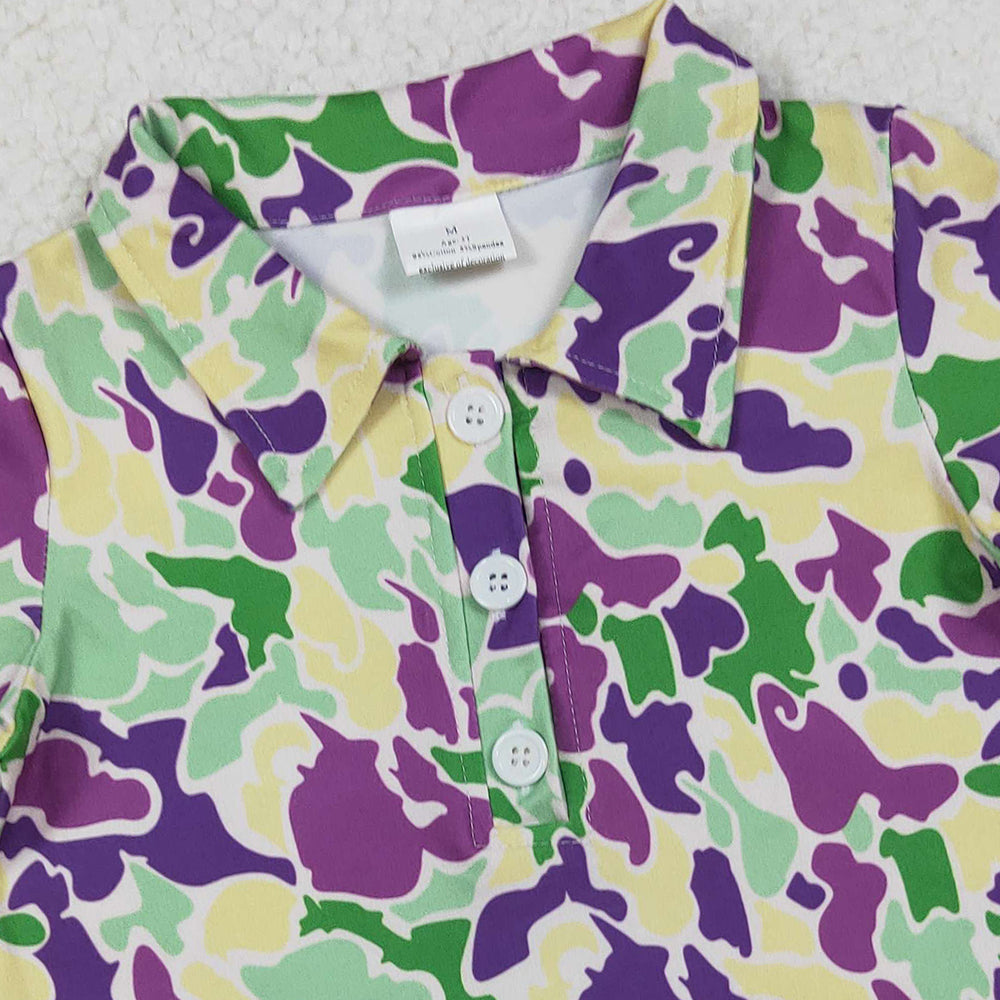 RTS NO MOQ （In stock）BT1345 Baby Boys Summer Tops Mardi Gras Purple Green Yellow Camo Button Polo Shirts Tops