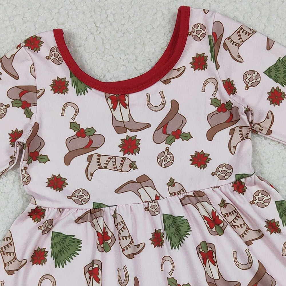 RTS NO MOQ （In stock）GLD1274 Baby Girls Winter Dress Boots Holly Christmas Ruffle Knee Length Dresses