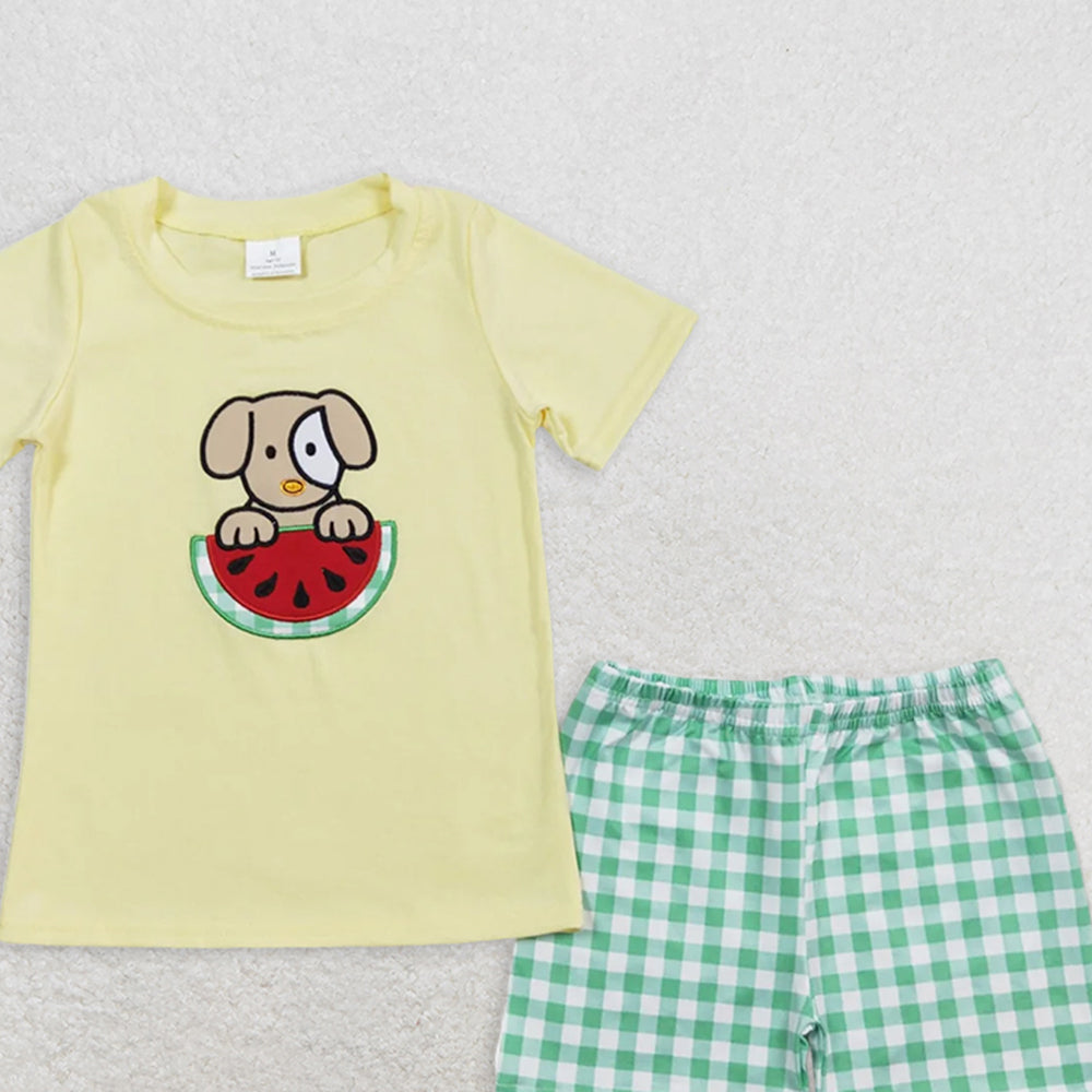 BSSO0446RTS NO MOQ Baby Boys Summer Boys Outfits  Dog watermelon top green shorts boys summer outfits