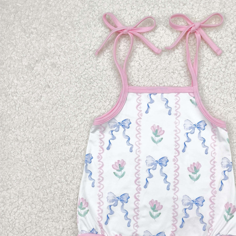 6.18 SR2858 RTS NO MOQ Baby Girls Summer Rompers Baby Infant Girls Blue Bows Flowers Straps Rompers