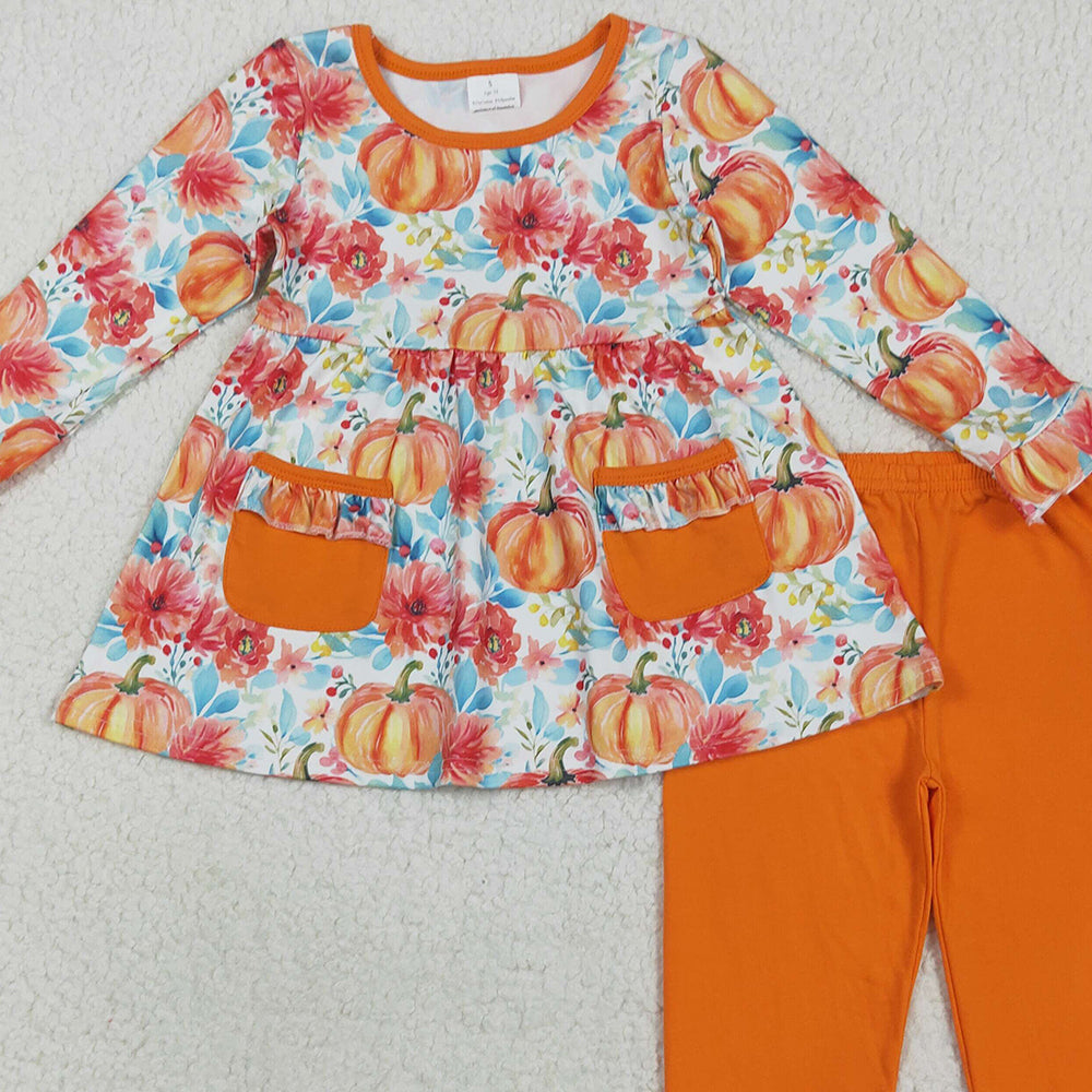 RTS NO MOQ （In stock）GLP2399 Baby Girls Winter Outfits Baby Girls Fall Pumpkins Pockets Tunic Legging Pants Set