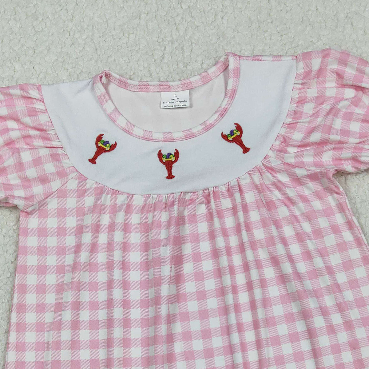 11.5 RTS NO MOQ （In stock）GSD2853 Embroidery Crayfishes Baby Girls Pink Checked Knee Length Dresses