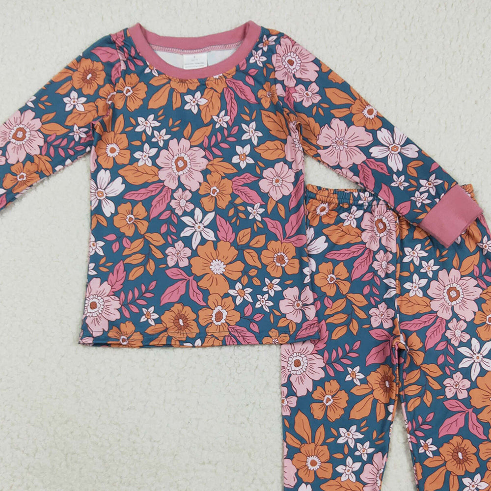 RTS NO MOQ （In stock）GLP2385 Baby Girls Winter Outfits Baby Girls Lavender Long Sleeves Floral Top Pants Pajamas Sets