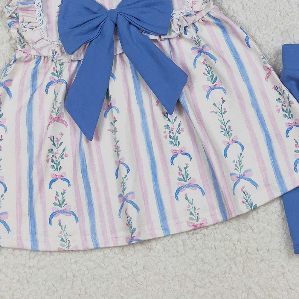 RTS NO MOQ （In stock）GSSO2533 Baby Girls Summer Outfits Sleeveless Floral Stripe Tunic Ruffle Shorts Sets