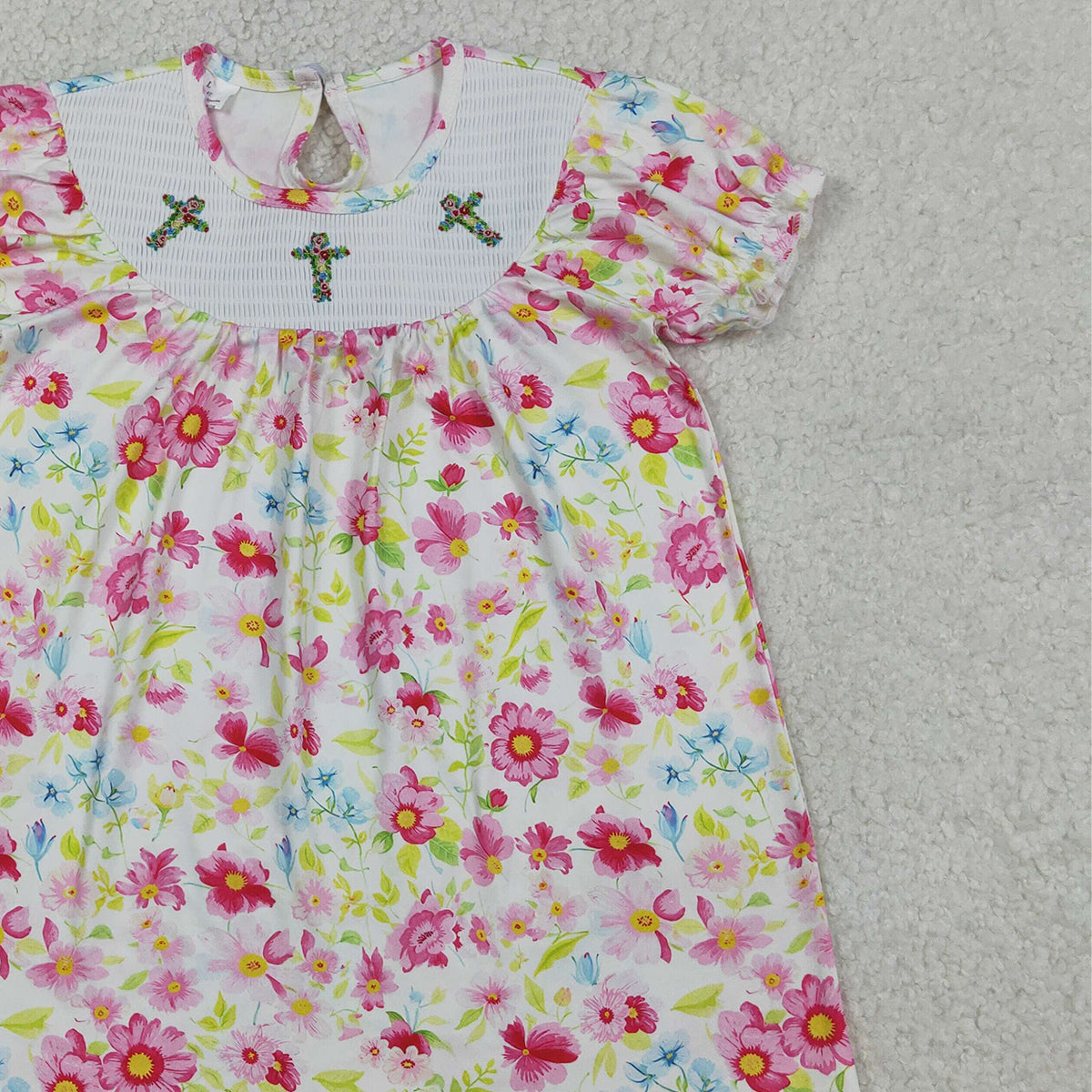 3.28 RTS NO MOQ （In stock）GSD3314 Floral short sleeves cross smocked baby girls Easter dress