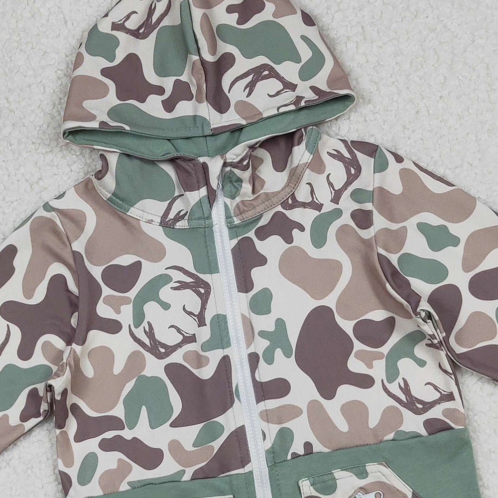 9.29  RTS NO MOQ （In stock）BT1335 Baby Boys Brown Deer Camo Pocket Zipper Western Hoodies Top
