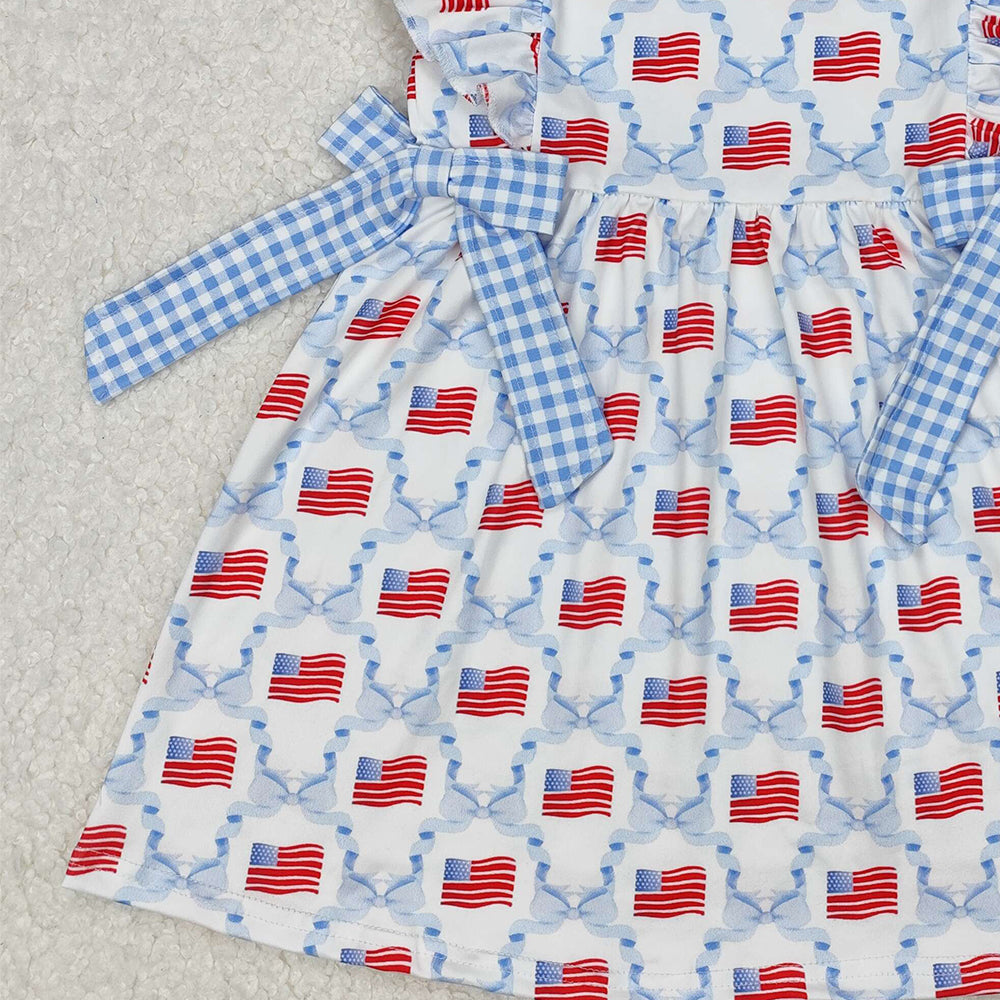 GSD1641Light Blue Plaid Bow Flag 4th of July Dress for Kids Girls Cute Patriotic Plaid Skirt with Bow Detail