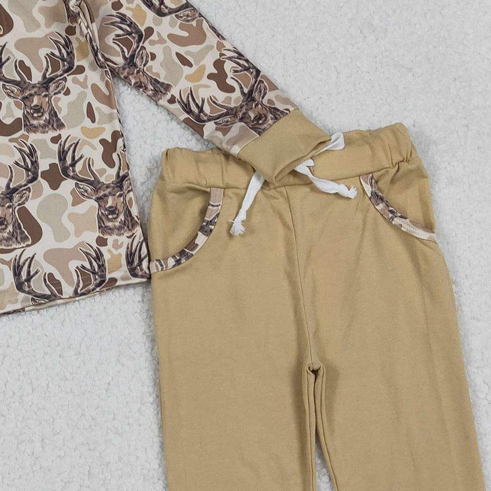 10.10 RTS NO MOQ （In stock）BLP1239 Baby Boys Winter Outfits Baby Boys Khaki Camo Deer Button Hoodies Pockets Leggings Hunting Clothes Set