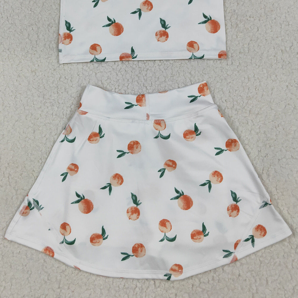 RTS NO MOQ （In stock）GSD2738 Baby Girls Yoga Outfits Baby Girls Summer White Peach Top Skirts Active Wear Clothes Sets
