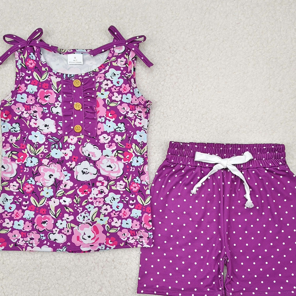 4.11 GSSO2358 RTS NO MOQ Baby Girls Summer Outfits  Sleeveless purple floral top polka dots shorts girls clothes