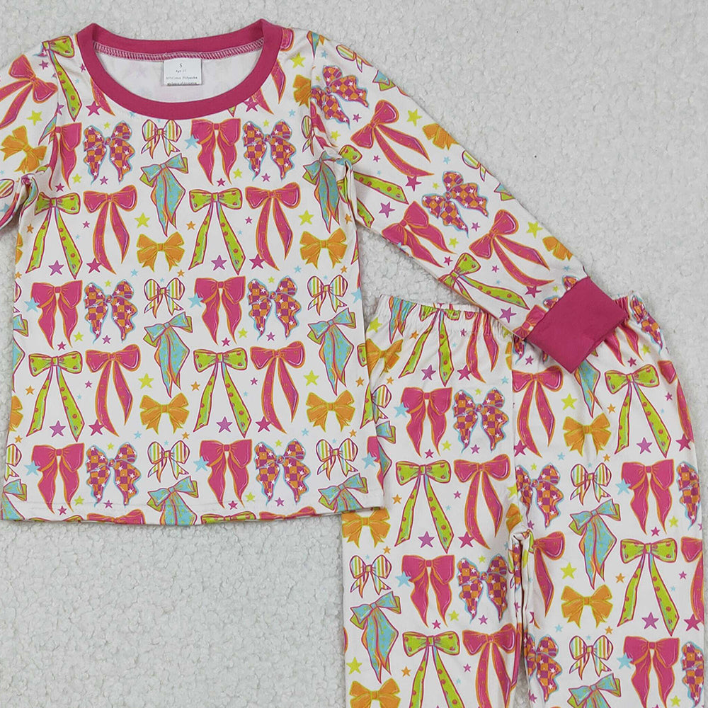 RTS NO MOQ （In stock）GLP2615 Baby Girls Winter Outfits Pink Bows Stars Top Pant Pajamas Sets