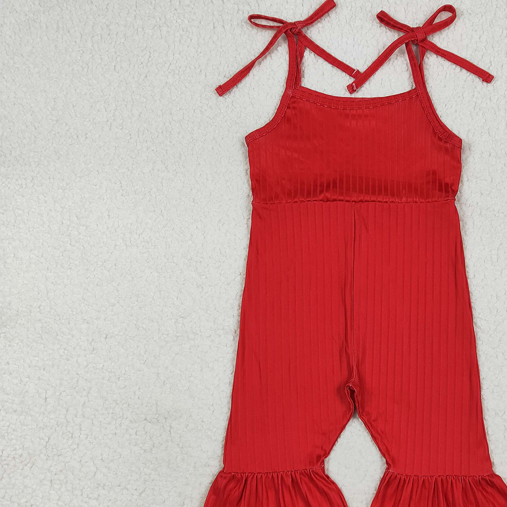 RTS NO MOQ （In stock）SR3163 Baby Girls Summer Jumpsuits Baby Girls Red Strap Bell Bottom Ribbed Jumpsuits