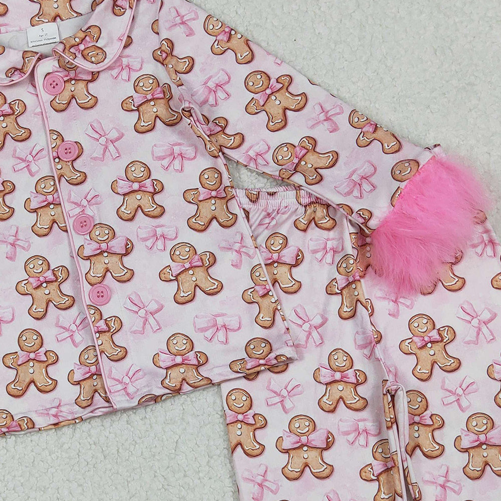 RTS NO MOQ （In stock）GLP2374 Baby Girls Winter Outfits Girls Pink Fur Pajamas with Gingerbread Bow Christmas Theme Button down Nightwear for Kids
