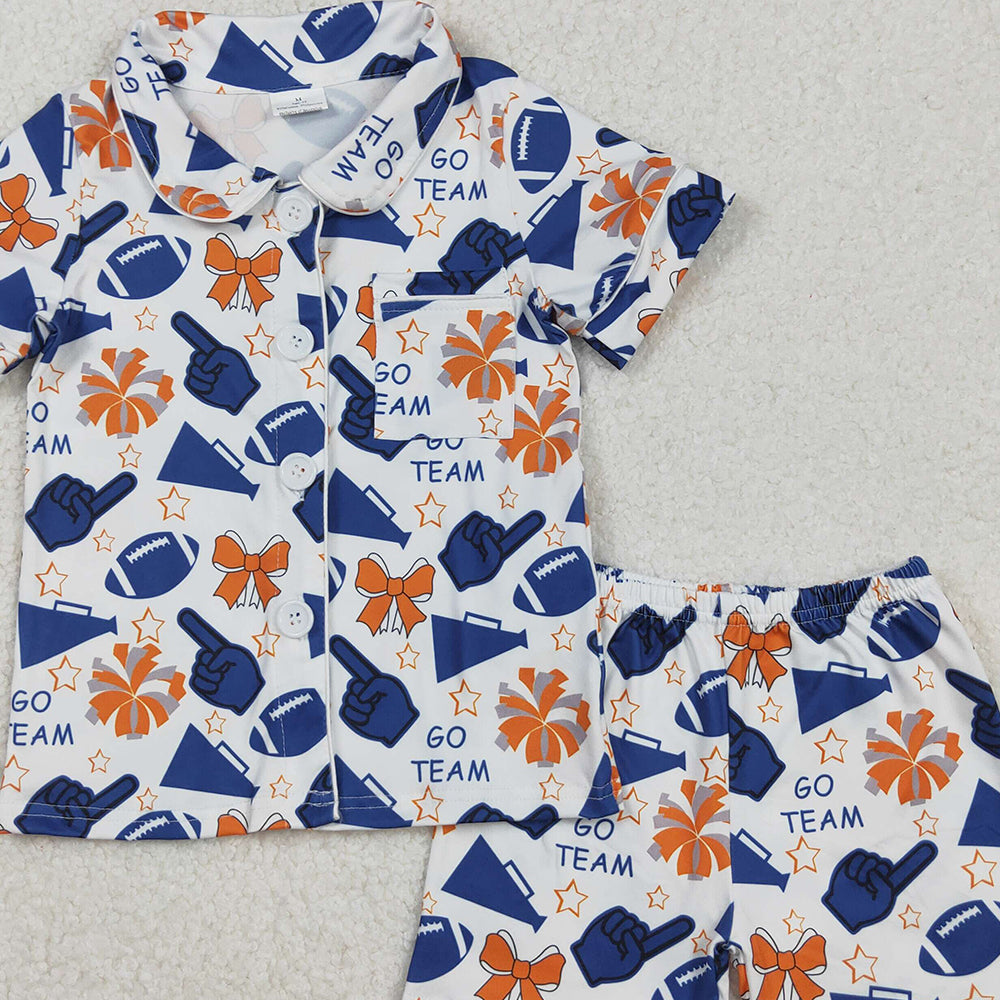 RTS NO MOQ （In stock）GSSO2675 Baby Girls Summer Pajamas Outfits Navy Cheer Team Football Button Top Short Pajamas Set Casual Comfortable Sleepwear