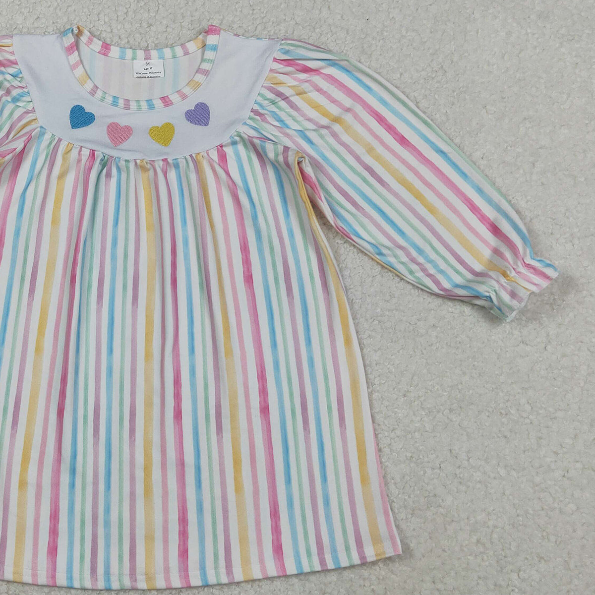 11.4 RTS NO MOQ （In stock）GLD1335 Baby Girls Winter Dress Embroidery Hearts Baby Girls Colorful Stripes Valentine Knee Length Dresses