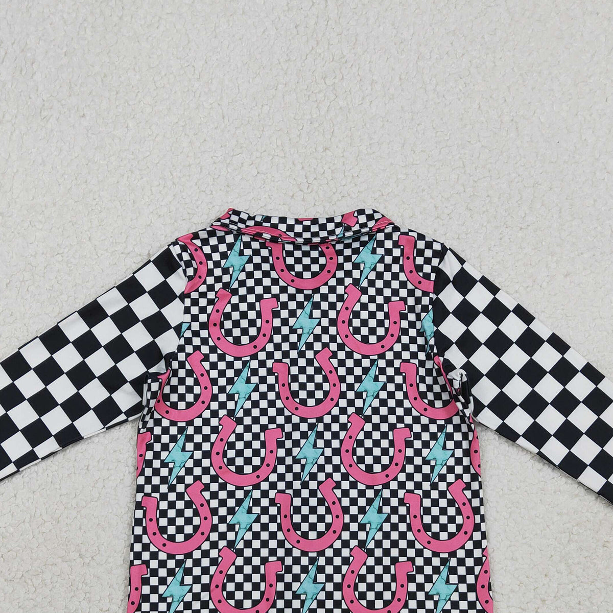 3.3 RTS NO MOQ （In stock）GT1509 Baby Girls Shoes Lightnings Black Checked Western Button Shirts Top