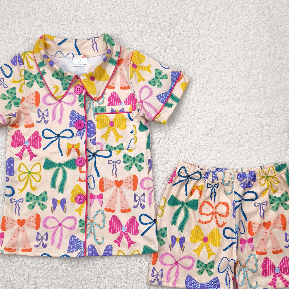 6.21 GSSO2487RTS NO MOQ Baby Girls Summer Pajamas Outfits Baby Girls Colorful Bows Button Pocket Top Short Pajamas Set