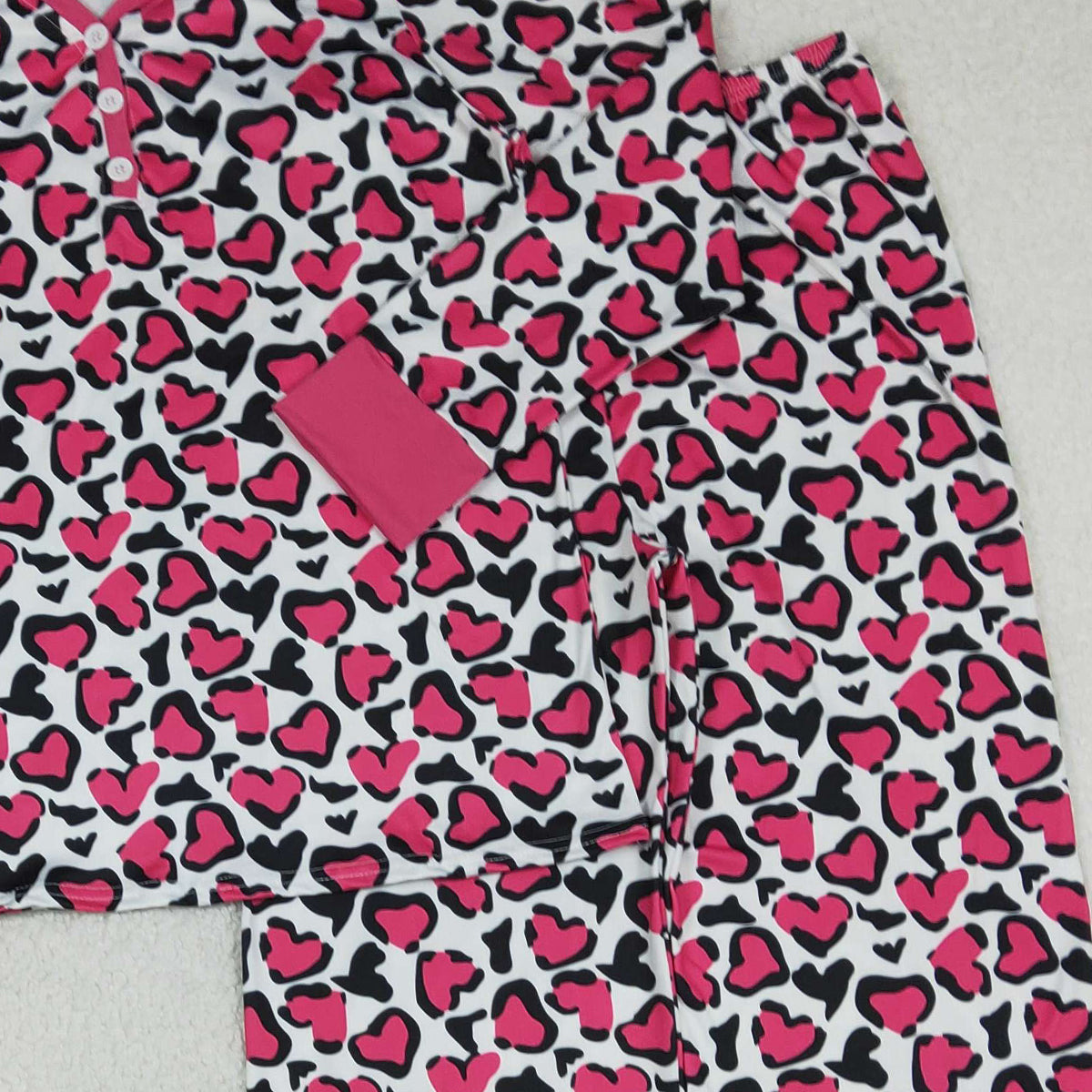 1.7 RTS NO MOQ （In stock）GLP2826 Adult Women Pink Black Hearts Leopard Pants Valentines Pajamas Sets