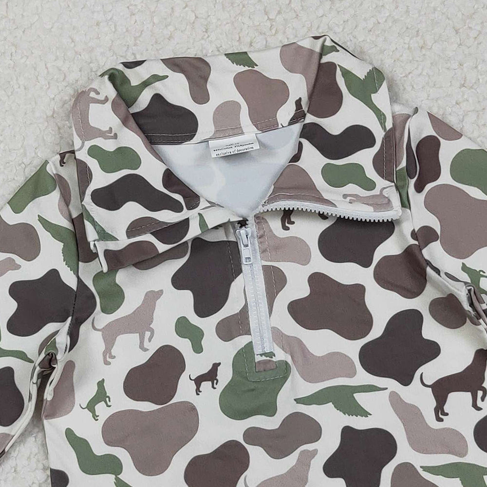 RTS NO MOQ （In stock）BT0955 Baby Boys Long Sleeve Tops Camouflage Half Zip Pullover Top Southern Dogs And Ducks Design