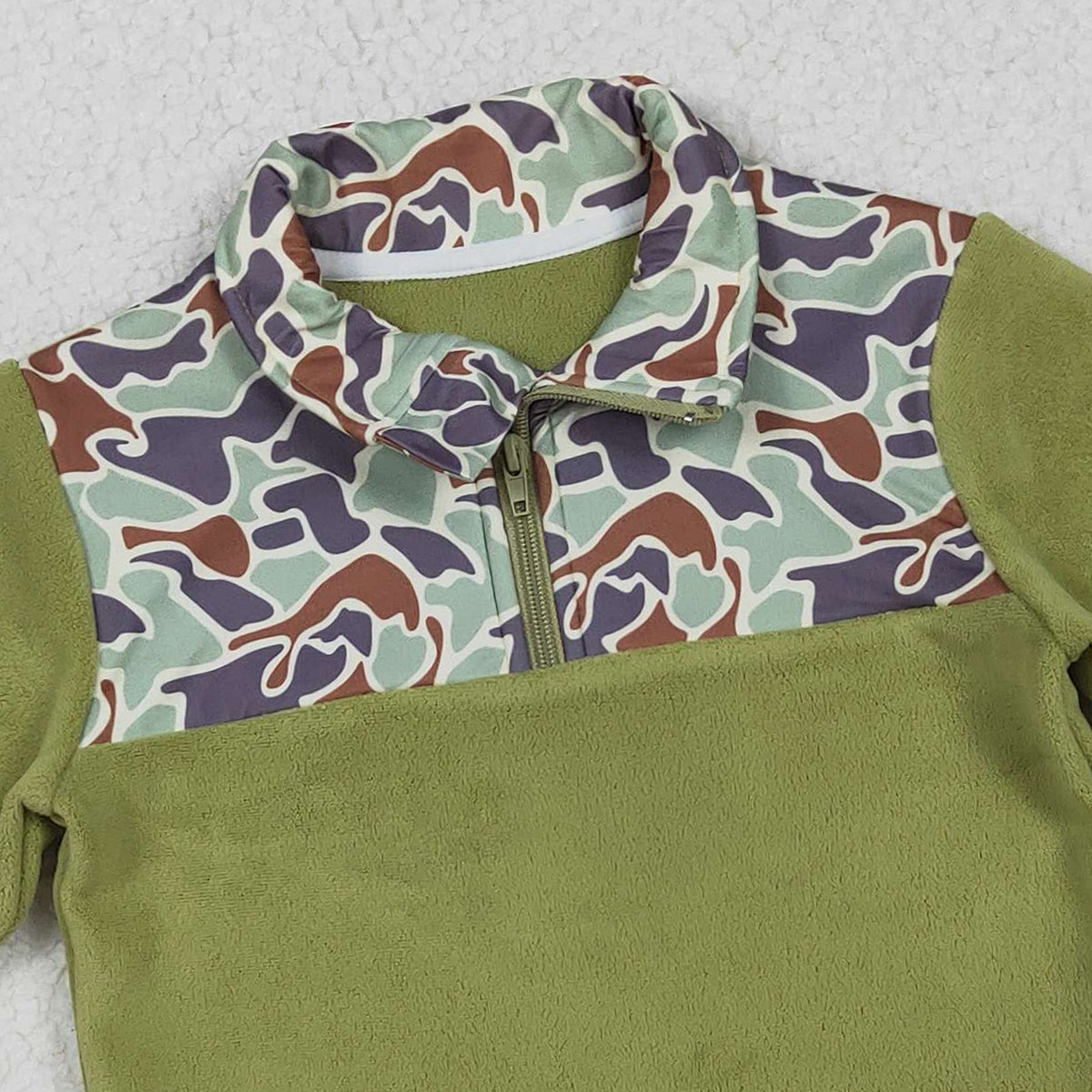 10.22 RTS NO MOQ （In stock）BT1308 Baby Boys Green Camo Quatrefoil Zipper Pullover Sherpa Tops
