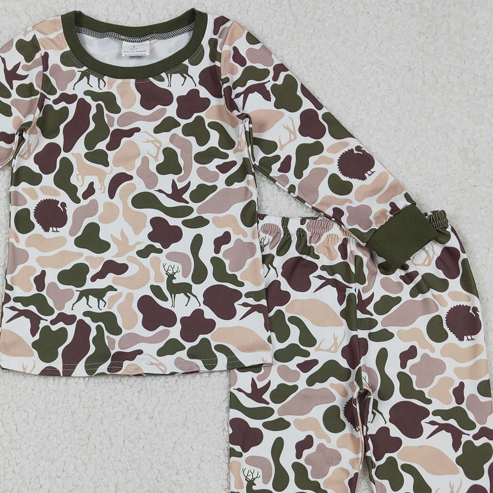 RTS NO MOQ （In stock）BLP1234 Baby Boys Winter Outfits Deer Ducks Dogs Camo Top Pants Western Pajamas Sets