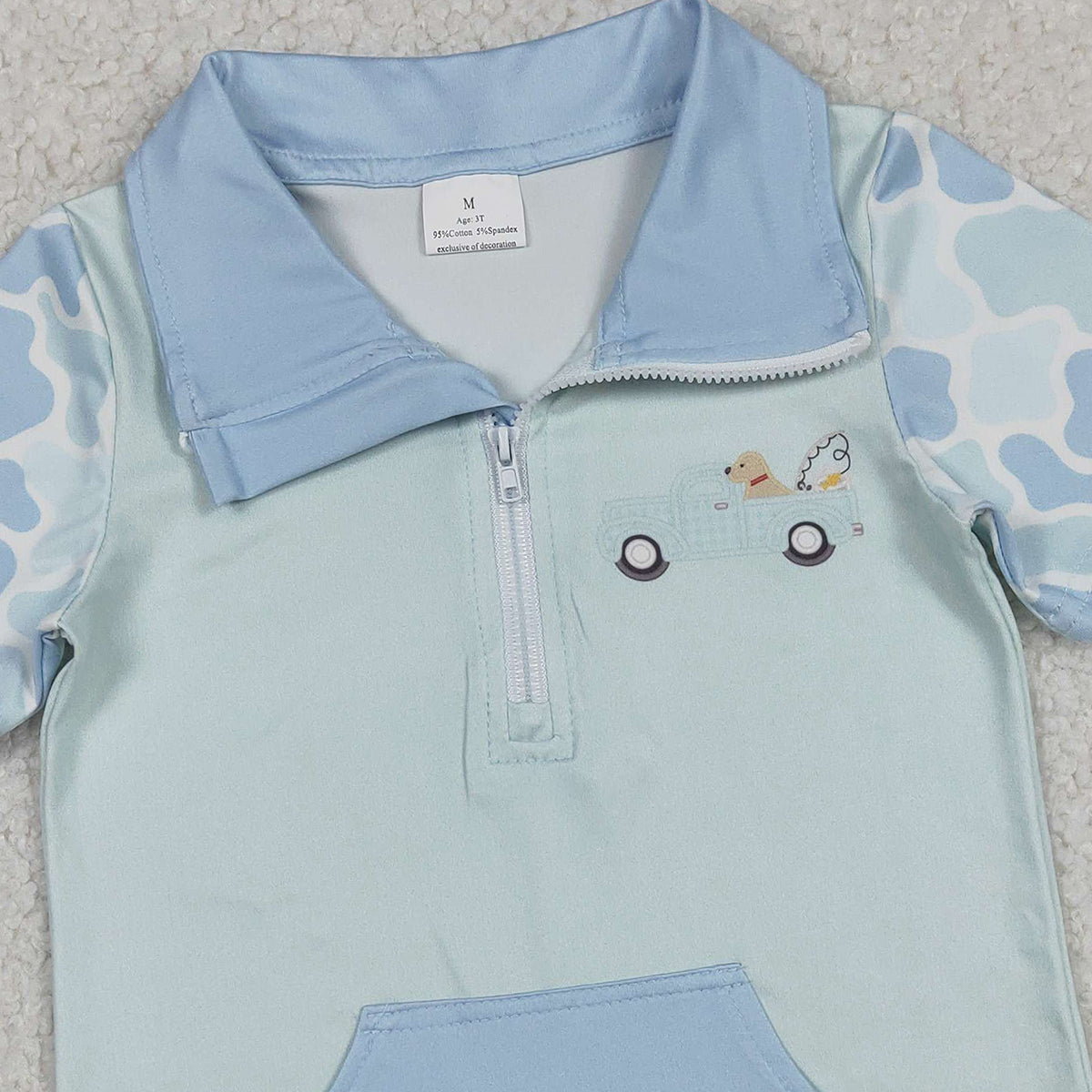 12.19 RTS NO MOQ （In stock）BT1534 Baby Boys Blue Camo Dog Fishing Zipper Pockets Hunting Pullovers Top