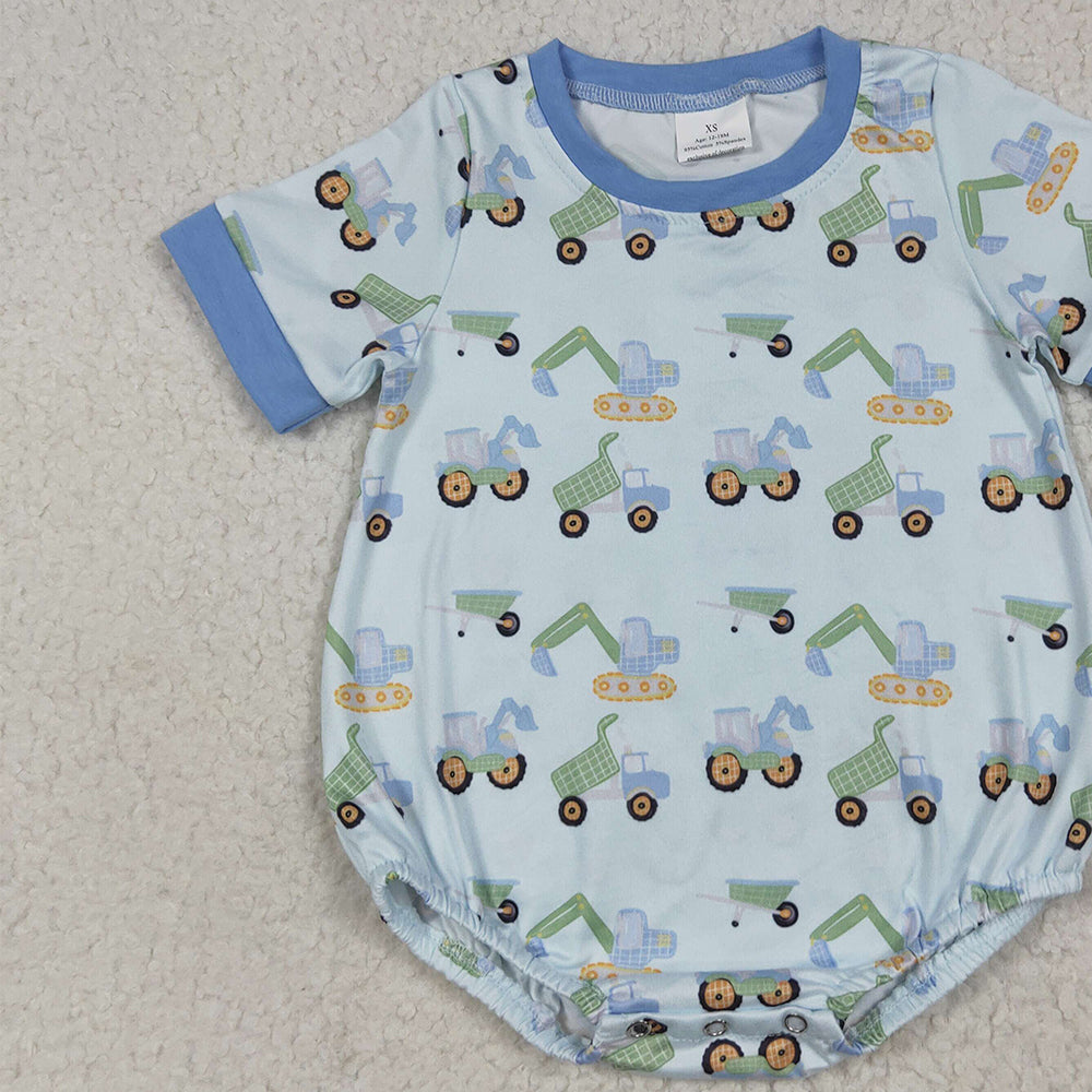 SR3142 RTS NO MOQ Baby Boys Summer Rompers Baby Boys Short Sleeves Blue Excavators Plaid Rompers