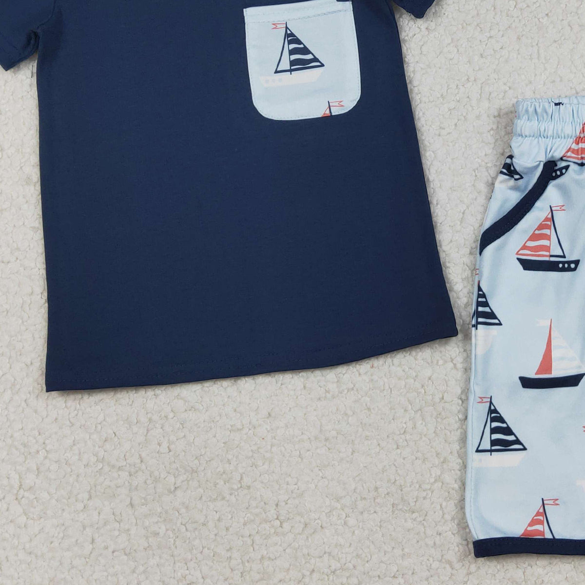 3.27 RTS NO MOQ （In stock）BSSO1855 Fashion Clothing For Baby Boys Short Sleeve Navy Shirt Top Boats Pockets Shorts Clothes Sets