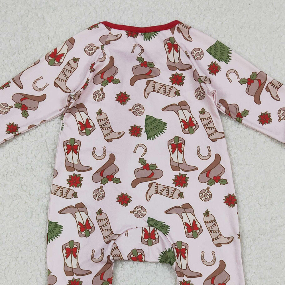 RTS NO MOQ （In stock） LR2584 Baby Girls Winter Rompers Holly Boots Christmas Zipper Footie Rompers