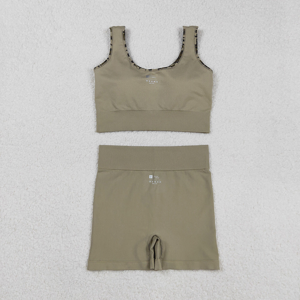 RTS NO MOQ （In stock）GT1187+SS0642 Adult Women's Yoga Outfits Adult Women's Army Green Camouflage Vest And Shorts Set Military Style Outdoor Camping Fashion Sports Outfit