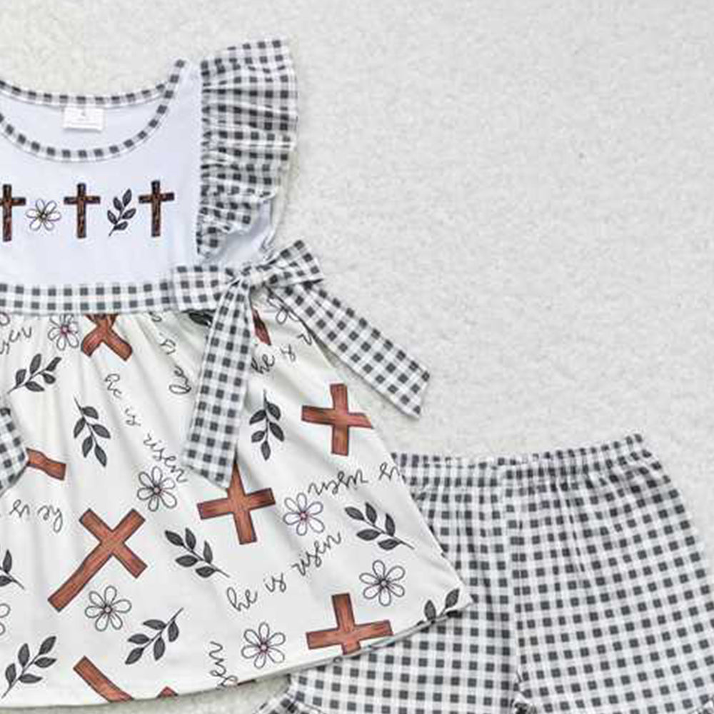 GSSO0492New Rts No Moq 8-9 Days By Air Arrived it Cross floral tunic plaid shorts girls easter outfits
