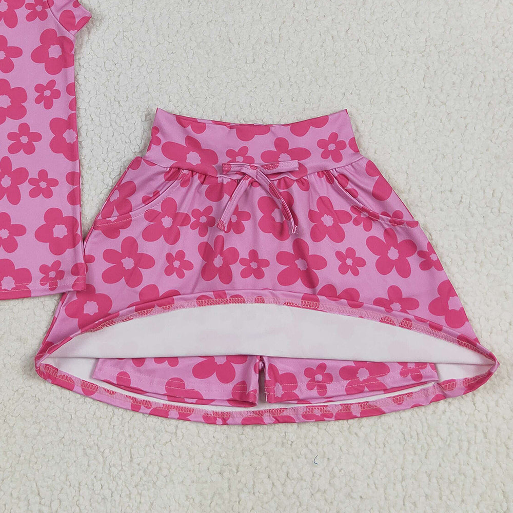 8.13  GSD2583 RTS NO MOQ Baby Girls Summer Outfits Baby Girls Sleeveless Hot Pink Flowers Top Pockets Short Skirts Set