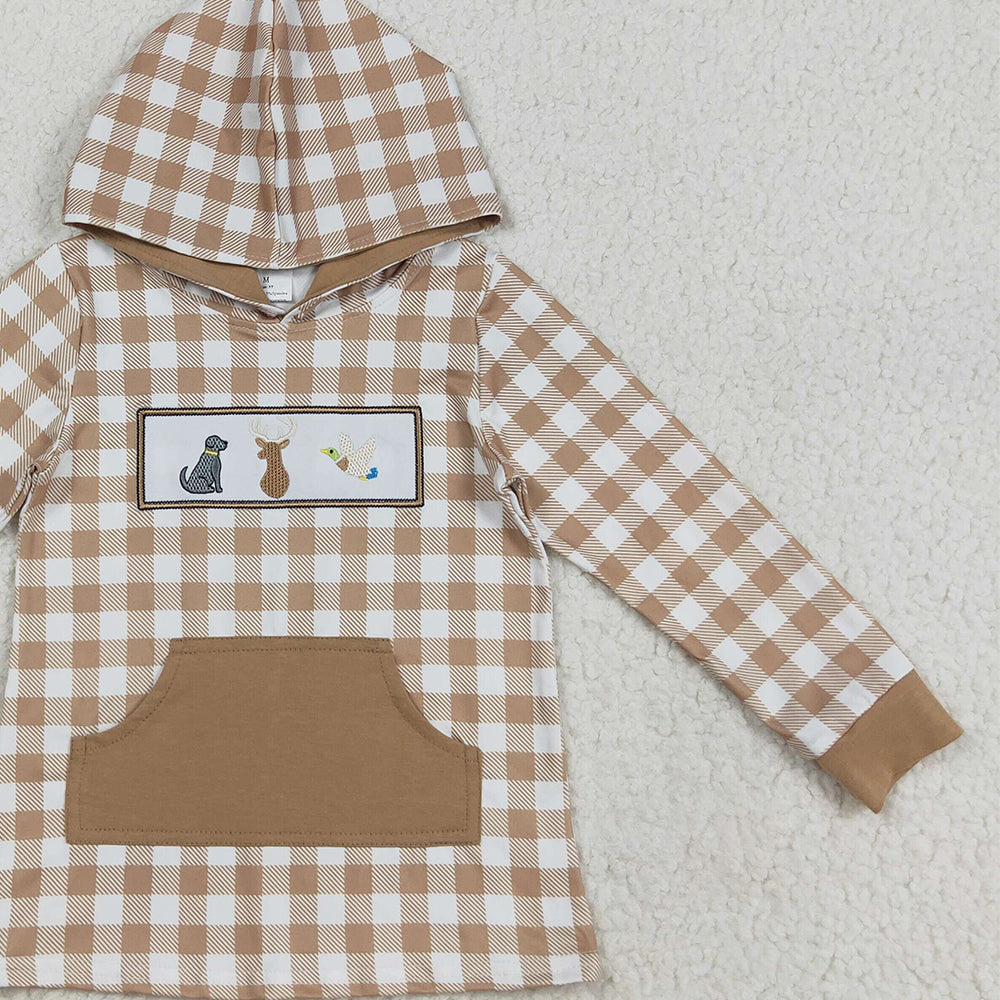 RTS NO MOQ （In stock）BT1285 Baby Boys Long Sleeve Tops Embroidery Dogs Deer Ducks Baby Boys Khaki Plaid Pocket Western Hoodies Top