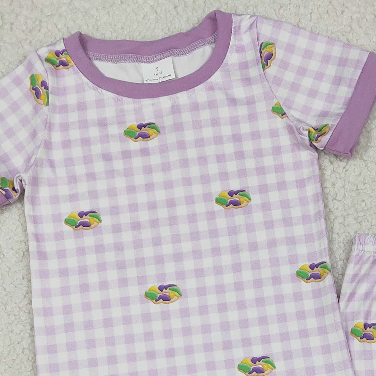 12.29 RTS NO MOQ （In stock）BSPO0630 Embroidery King Cake Baby Boys Mardigras Donuts Checked Pants Pajamas Sets