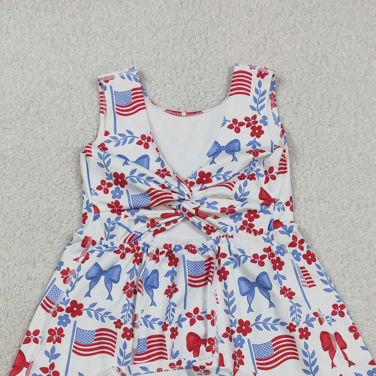 3.10 RTS NO MOQ （In stock）GSD3639 Kids Fashion Clothes Baby Girls Sleeveless Flower Flags 4th of July Yoga Active Shorts Knee Length Dress