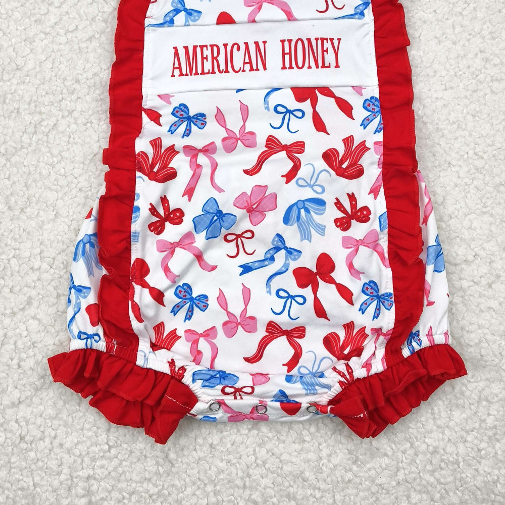 7.22 SR3048 RTS NO MOQ Baby Girls Summer Rompers American honey bows baby girls 4th of july romper