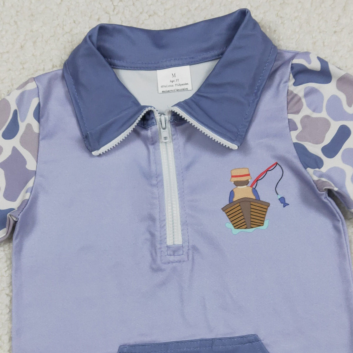 12.27 RTS NO MOQ （In stock）BT1533 Baby Boys Blue Camo Short Sleeve Fishing Zipper Pockets Hunting Pullovers Top