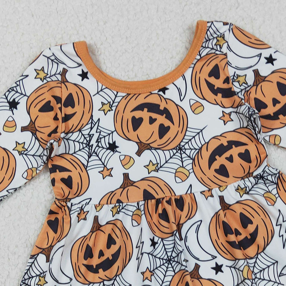 RTS NO MOQ （In stock）GLD1258 Baby Girls Winter Dress Halloween Ghost And Pumpkins Ruffle Knee-Length Dresses